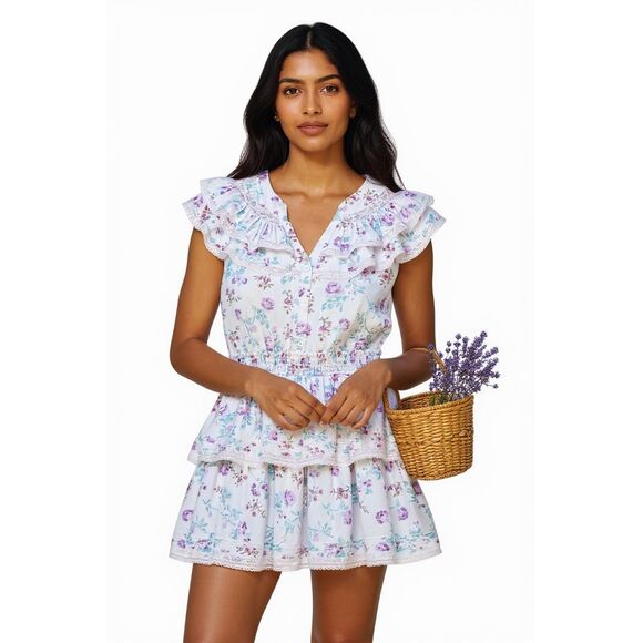 NEW LoveShackFancy x Target Lou Double Ruffle Dress Women Small Lavender Floral - Picture 1 of 14